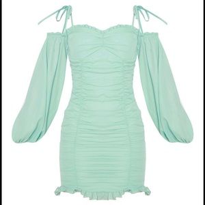 Green off the shoulder runched dress